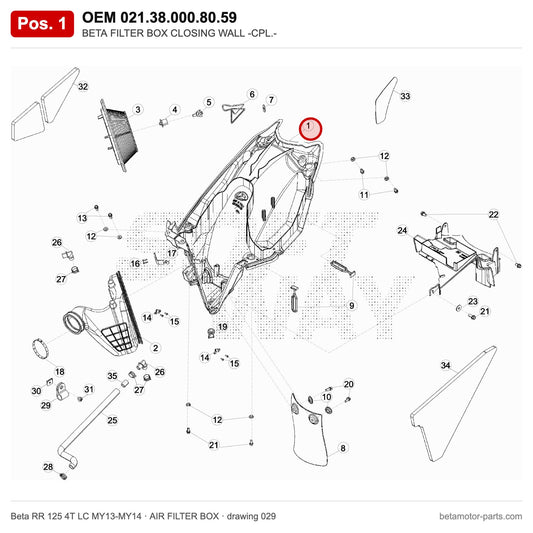 BETA FILTER BOX CLOSING WALL -CPL.- – OEM 021.38.000.80.59, position 1 on the Beta RR 125 4T LC MY13-MY14 air filter box drawing