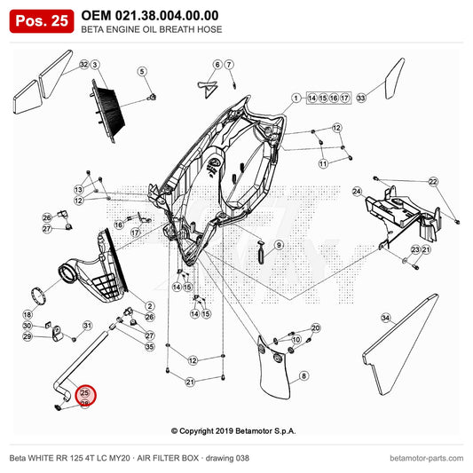 BETA ENGINE OIL BREATH HOSE – OEM 021.38.004.00.00, position 25 on the Beta WHITE RR 125 4T LC MY20 air filter box drawing