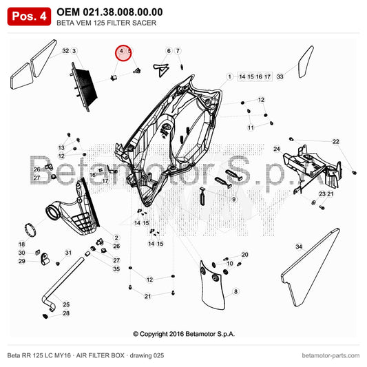 BETA VEM 125 FILTER SACER – OEM 021.38.008.00.00, position 4 on the Beta RR 125 LC MY16 air filter box drawing
