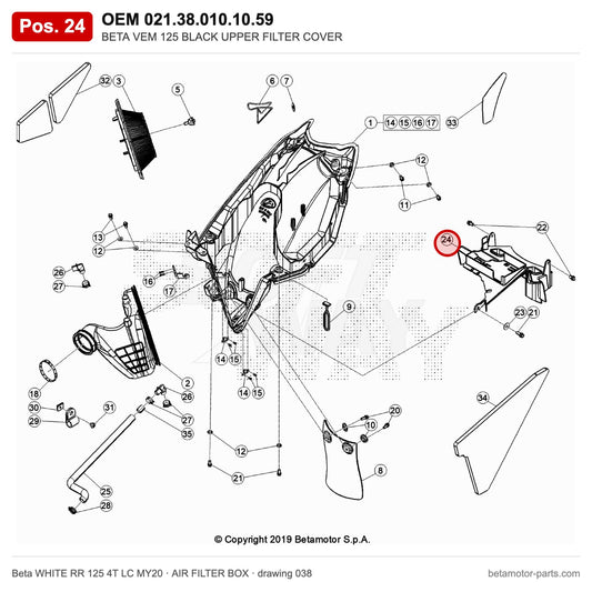 BETA VEM 125 BLACK UPPER FILTER COVER – OEM 021.38.010.10.59, position 24 on the Beta WHITE RR 125 4T LC MY20 air filter box drawing