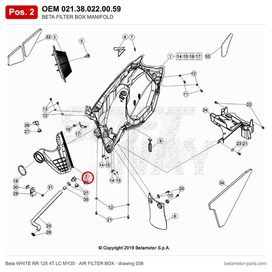 BETA FILTER BOX MANIFOLD – OEM 021.38.022.00.59, position 2 on the Beta WHITE RR 125 4T LC MY20 air filter box drawing