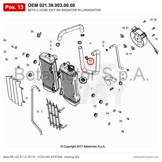 BETA U HOSE EXIT RX RADIATOR IN LXRADIATOR – OEM 021.39.003.00.00, position 13 on the Beta RR 125 4T LC MY19 cooling system drawing