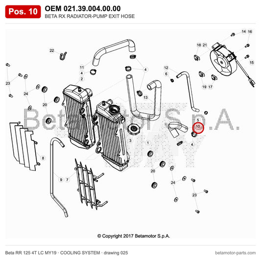 BETA RX RADIATOR-PUMP EXIT HOSE – OEM 021.39.004.00.00, position 10 on the Beta RR 125 4T LC MY19 cooling system drawing