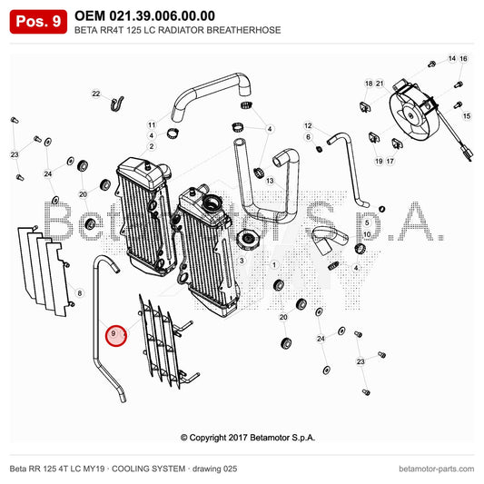 BETA RR4T 125 LC RADIATOR BREATHERHOSE – OEM 021.39.006.00.00, position 9 on the Beta RR 125 4T LC MY19 cooling system drawing
