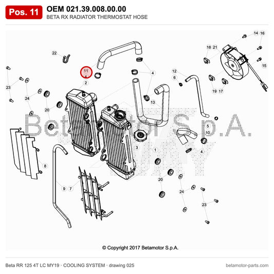 BETA RX RADIATOR THERMOSTAT HOSE – OEM 021.39.008.00.00, position 11 on the Beta RR 125 4T LC MY19 cooling system drawing