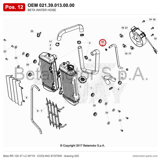 BETA WATER HOSE – OEM 021.39.013.00.00, position 12 on the Beta RR 125 4T LC MY19 cooling system drawing