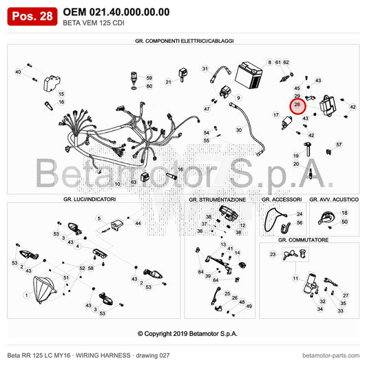 BETA VEM 125 CDI – OEM 021.40.000.00.00, position 28 on the Beta RR 125 LC MY16 wiring harness drawing