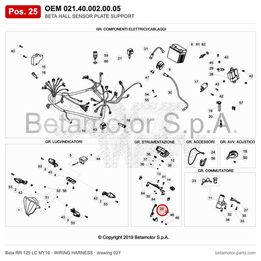 BETA HALL SENSOR PLATE SUPPORT – OEM 021.40.002.00.05, position 25 on the Beta RR 125 LC MY16 wiring harness drawing