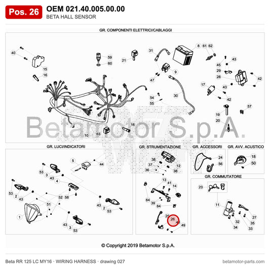 BETA HALL SENSOR – OEM 021.40.005.00.00, position 26 on the Beta RR 125 LC MY16 wiring harness drawing