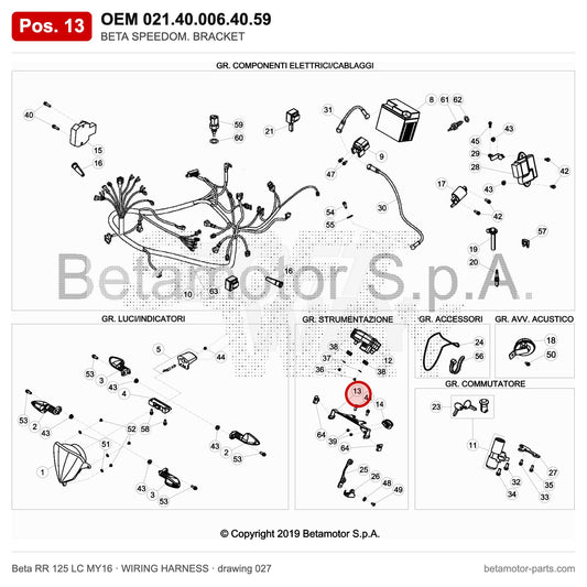 BETA SPEEDOM. BRACKET – OEM 021.40.006.40.59, position 13 on the Beta RR 125 LC MY16 wiring harness drawing