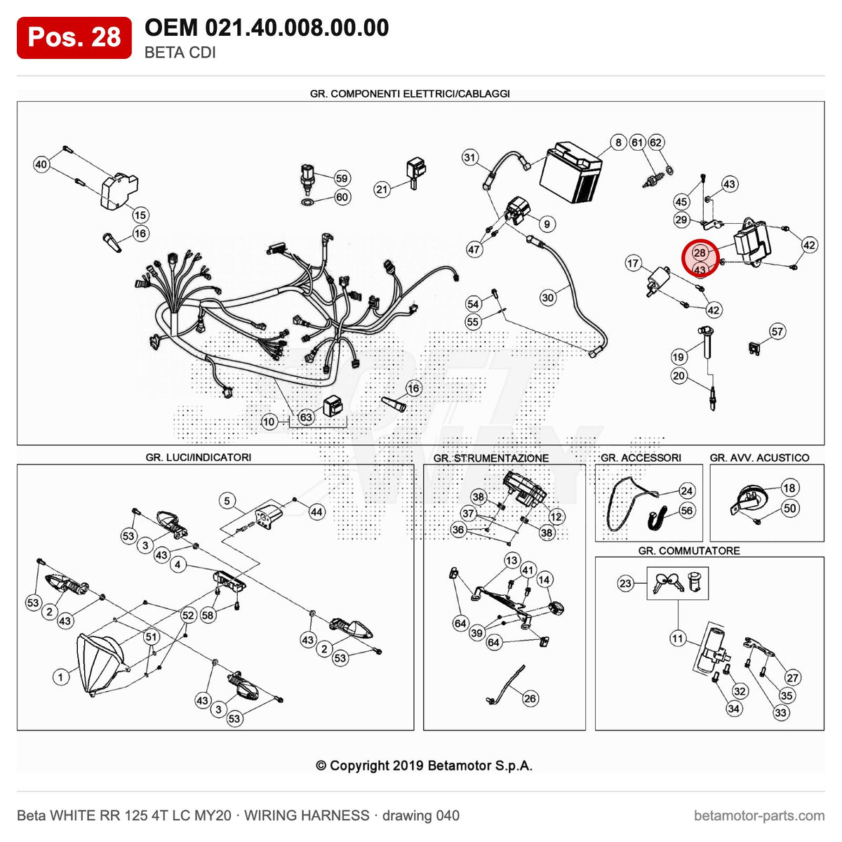 BETA CDI – OEM 021.40.008.00.00, position 28 on the Beta WHITE RR 125 4T LC MY20 wiring harness drawing