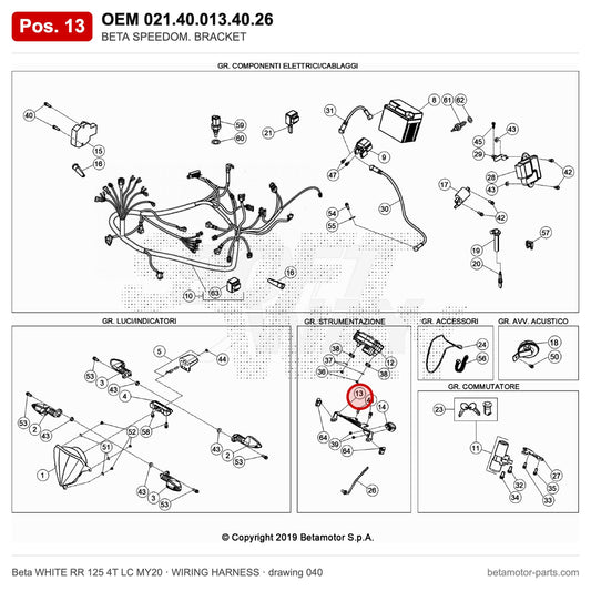BETA SPEEDOM. BRACKET – OEM 021.40.013.40.26, position 13 on the Beta WHITE RR 125 4T LC MY20 wiring harness drawing