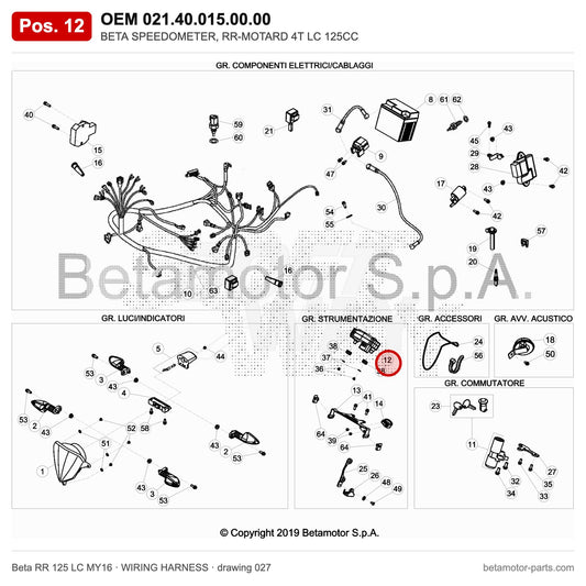 BETA SPEEDOMETER, RR-MOTARD 4T LC 125CC – OEM 021.40.015.00.00, position 12 on the Beta RR 125 LC MY16 wiring harness drawing