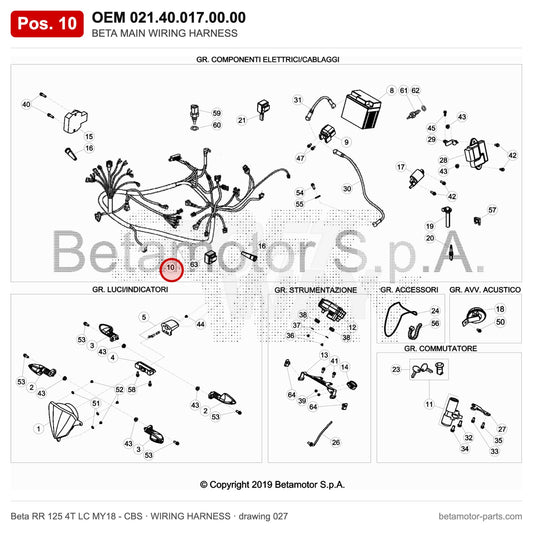 BETA MAIN WIRING HARNESS – OEM 021.40.017.00.00, position 10 on the Beta RR 125 4T LC MY18 - CBS wiring harness drawing