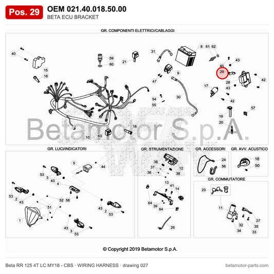 BETA ECU BRACKET – OEM 021.40.018.50.00, position 29 on the Beta RR 125 4T LC MY18 - CBS wiring harness drawing