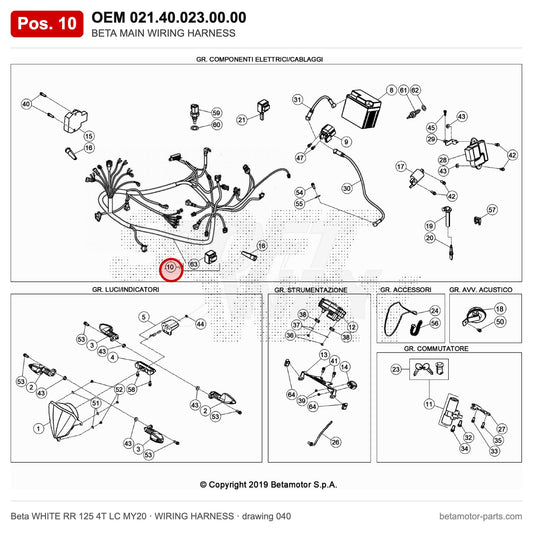 BETA MAIN WIRING HARNESS – OEM 021.40.023.00.00, position 10 on the Beta WHITE RR 125 4T LC MY20 wiring harness drawing