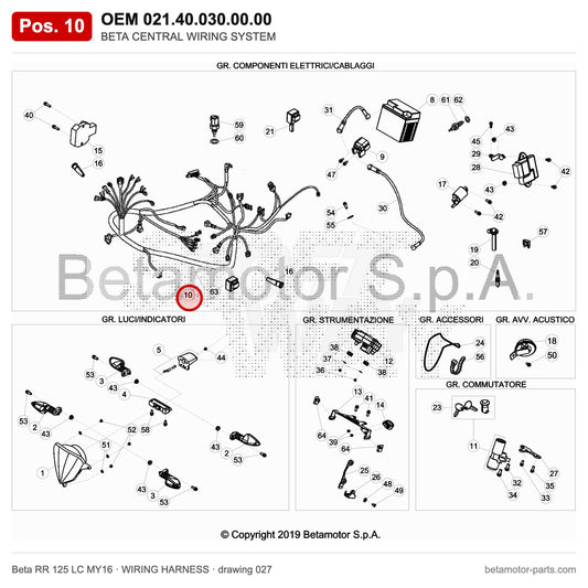 BETA CENTRAL WIRING SYSTEM – OEM 021.40.030.00.00, position 10 on the Beta RR 125 LC MY16 wiring harness drawing