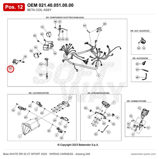 BETA COIL ASSY – OEM 021.40.051.00.00, position 12 on the Beta WHITE RR 50 2T SPORT 2025 wiring harness drawing