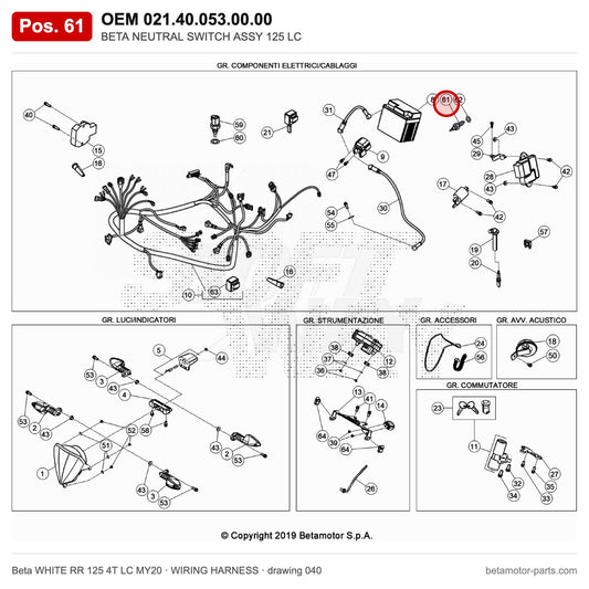 BETA NEUTRAL SWITCH ASSY 125 LC – OEM 021.40.053.00.00, position 61 on the Beta WHITE RR 125 4T LC MY20 wiring harness drawing