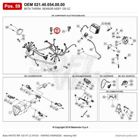 BETA THERM. SENSOR ASSY 125 LC – OEM 021.40.054.00.00, position 59 on the Beta WHITE RR 125 4T LC MY20 wiring harness drawing