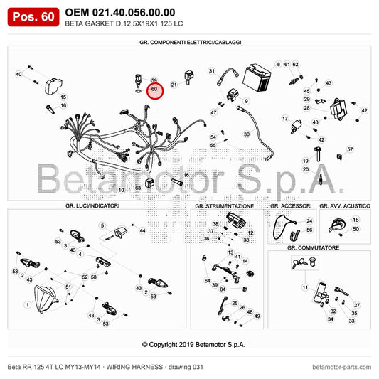 BETA GASKET D.12,5X19X1 125 LC – OEM 021.40.056.00.00, position 60 on the Beta RR 125 4T LC MY13-MY14 wiring harness drawing