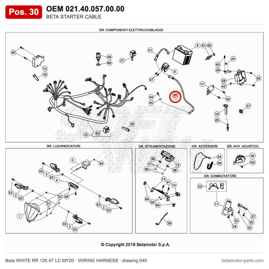 BETA STARTER CABLE – OEM 021.40.057.00.00, position 30 on the Beta WHITE RR 125 4T LC MY20 wiring harness drawing