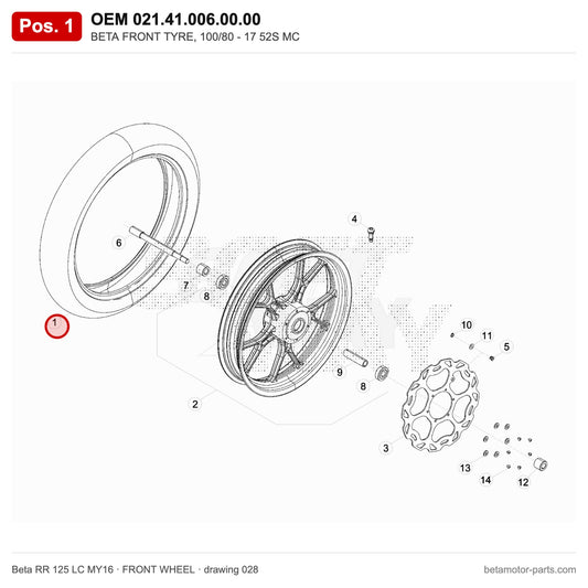 BETA FRONT TYRE, 100/80 - 17 52S MC – OEM 021.41.006.00.00, position 1 on the Beta RR 125 LC MY16 front wheel drawing
