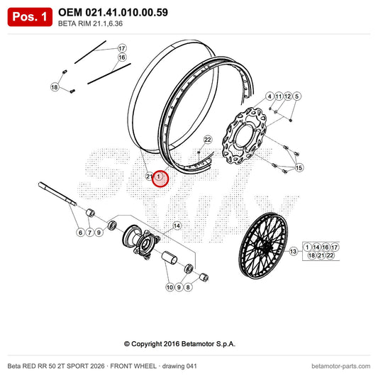 BETA RIM 21.1,6.36 – OEM 021.41.010.00.59, position 1 on the Beta RED RR 50 2T SPORT 2026 front wheel drawing