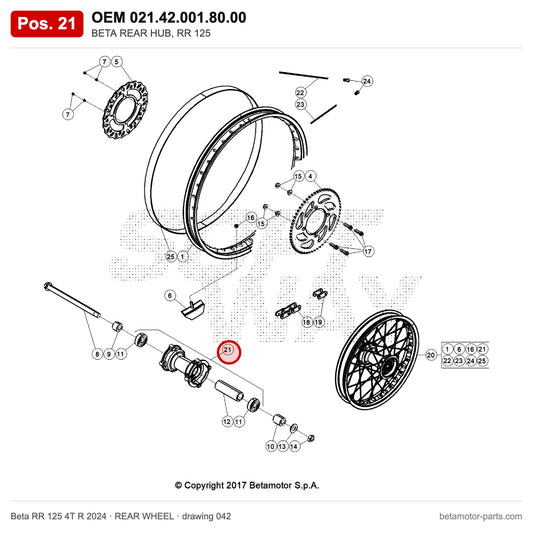 BETA REAR HUB, RR 125 – OEM 021.42.001.80.00, position 21 on the Beta RR 125 4T R 2024 rear wheel drawing