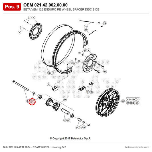 BETA VEM 125 ENDURO RE WHEEL SPACER DISC SIDE – OEM 021.42.002.00.00, position 9 on the Beta RR 125 4T R 2024 rear wheel drawing