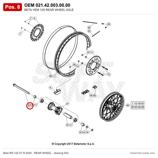 BETA VEM 125 REAR WHEEL AXLE – OEM 021.42.003.00.00, position 8 on the Beta RR 125 4T R 2024 rear wheel drawing