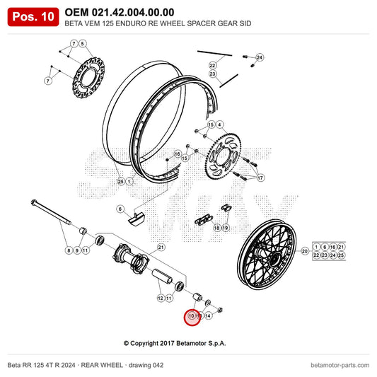 BETA VEM 125 ENDURO RE WHEEL SPACER GEAR SID – OEM 021.42.004.00.00, position 10 on the Beta RR 125 4T R 2024 rear wheel drawing