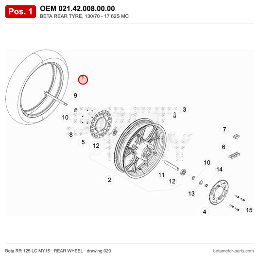 BETA REAR TYRE, 130/70 - 17 62S MC – OEM 021.42.008.00.00, position 1 on the Beta RR 125 LC MY16 rear wheel drawing