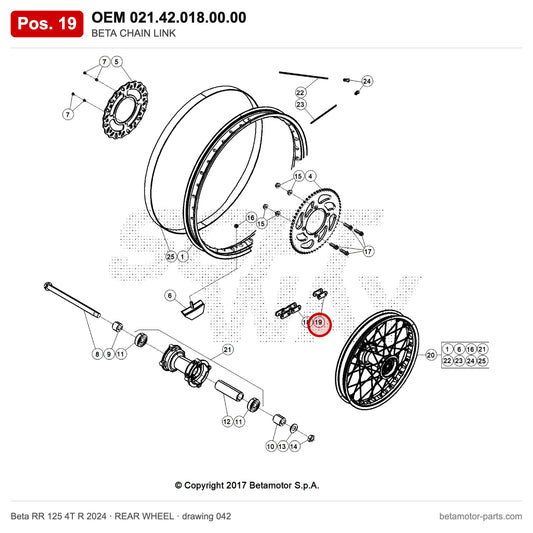 BETA CHAIN LINK – OEM 021.42.018.00.00, position 19 on the Beta RR 125 4T R 2024 rear wheel drawing