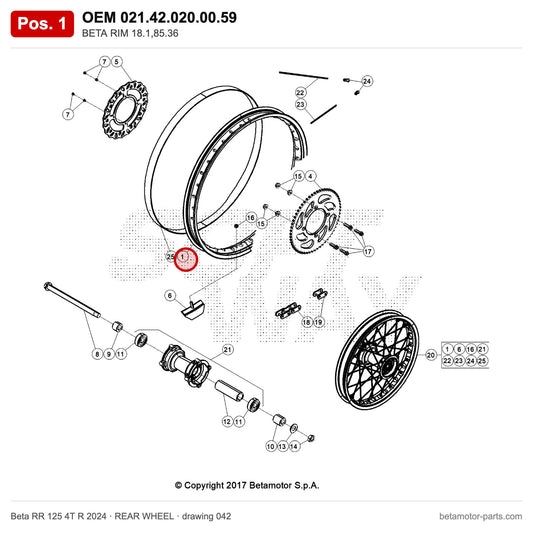 BETA RIM 18.1,85.36 – OEM 021.42.020.00.59, position 1 on the Beta RR 125 4T R 2024 rear wheel drawing
