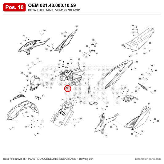 BETA FUEL TANK, VEM125 *BLACK* – OEM 021.43.000.10.59, position 10 on the Beta RR 50 MY15 plastic accessories/seat/tank drawing