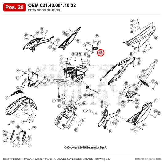 BETA DOOR BLUE RR – OEM 021.43.001.10.32, position 20 on the Beta RR 50 2T TRACK R MY20 plastic accessories/seat/tank drawing