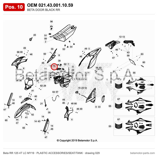 BETA DOOR BLACK RR – OEM 021.43.001.10.59, position 10 on the Beta RR 125 4T LC MY19 plastic accessories/seat/tank drawing