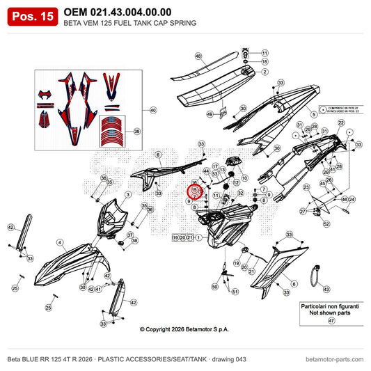 BETA VEM 125 FUEL TANK CAP SPRING – OEM 021.43.004.00.00, position 15 on the Beta BLUE RR 125 4T R 2026 plastic accessories/seat/tank drawing
