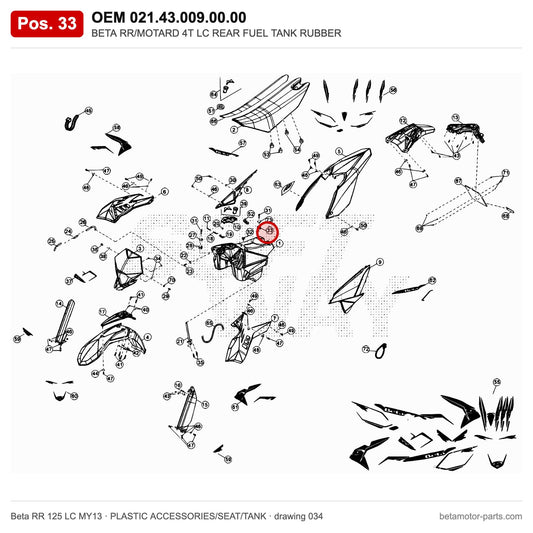 BETA RR/MOTARD 4T LC REAR FUEL TANK RUBBER – OEM 021.43.009.00.00, position 33 on the Beta RR 125 LC MY13 plastic accessories/seat/tank drawing