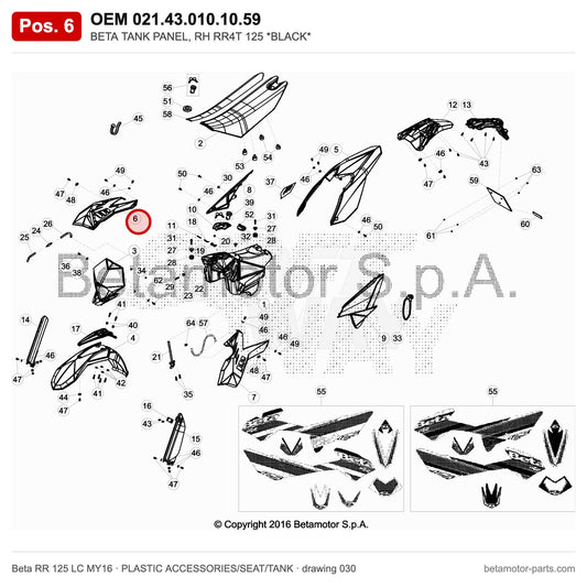 BETA TANK SIDE PANEL BLACK RR 4T 125 LC – OEM 021.43.010.10.59, position 6 on the Beta RR 125 LC MY16 plastic accessories/seat/tank drawing