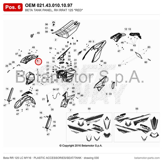 BETA TANK SIDE PANEL RED RR 4T 125 LC – OEM 021.43.010.10.97, position 6 on the Beta RR 125 LC MY16 plastic accessories/seat/tank drawing
