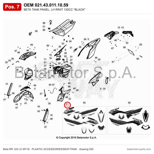 BETA TANK SIDE PANEL BLACK RR 4T 125 LC – OEM 021.43.011.10.59, position 7 on the Beta RR 125 LC MY16 plastic accessories/seat/tank drawing