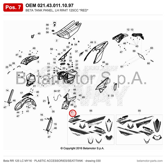 BETA TANK SIDE PANEL RED RR 4T 125 LC – OEM 021.43.011.10.97, position 7 on the Beta RR 125 LC MY16 plastic accessories/seat/tank drawing
