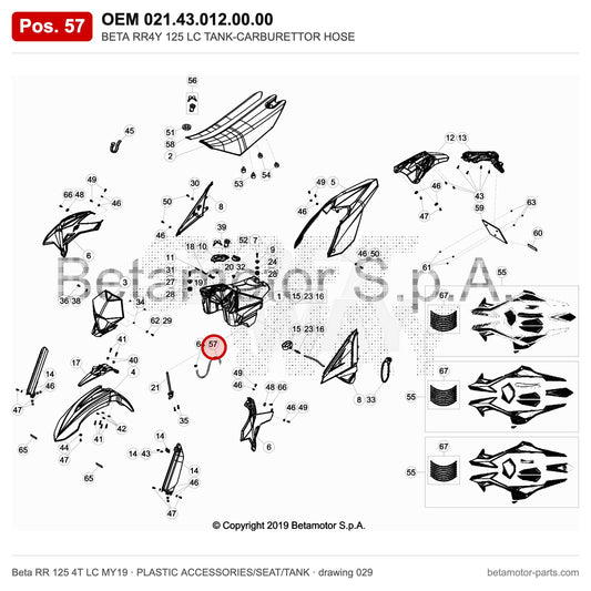 BETA RR4Y 125 LC TANK-CARBURETTOR HOSE – OEM 021.43.012.00.00, position 57 on the Beta RR 125 4T LC MY19 plastic accessories/seat/tank drawing