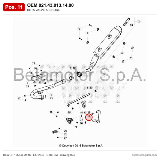 BETA VALVE AIS HOSE – OEM 021.43.013.14.00, position 11 on the Beta RR 125 LC MY16 exhaust system drawing