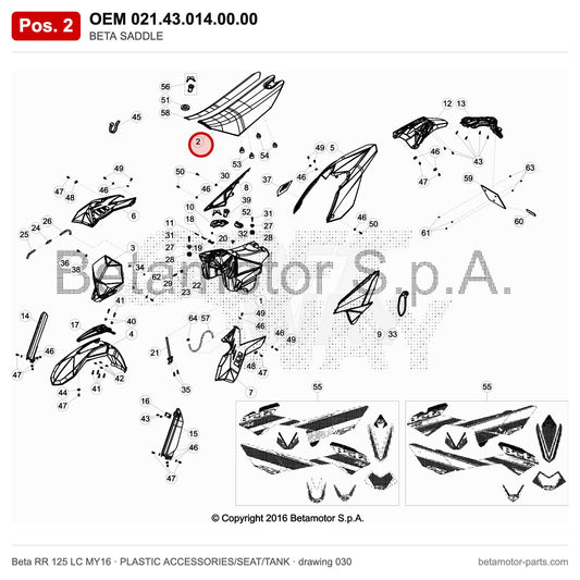 BETA SADDLE – OEM 021.43.014.00.00, position 2 on the Beta RR 125 LC MY16 plastic accessories/seat/tank drawing