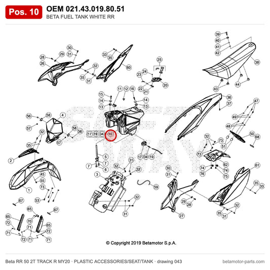 BETA FUEL TANK WHITE RR – OEM 021.43.019.80.51, position 10 on the Beta RR 50 2T TRACK R MY20 plastic accessories/seat/tank drawing