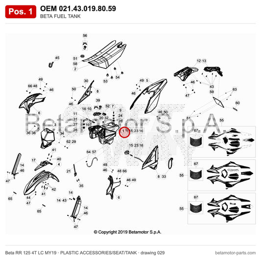 BETA FUEL TANK – OEM 021.43.019.80.59, position 1 on the Beta RR 125 4T LC MY19 plastic accessories/seat/tank drawing