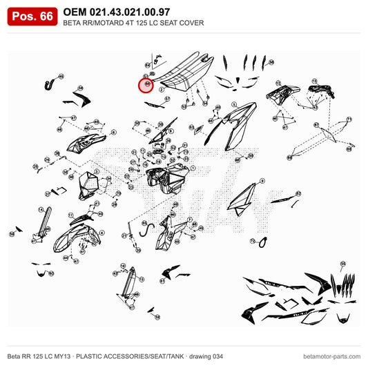 BETA RR/MOTARD 4T 125 LC SEAT COVER – OEM 021.43.021.00.97, position 66 on the Beta RR 125 LC MY13 plastic accessories/seat/tank drawing